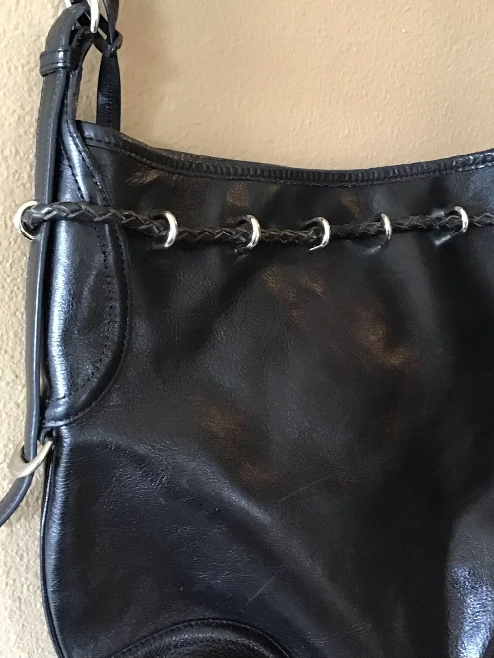 Vintage DKNY Black Leather Braided Tassel Hobo Handbag